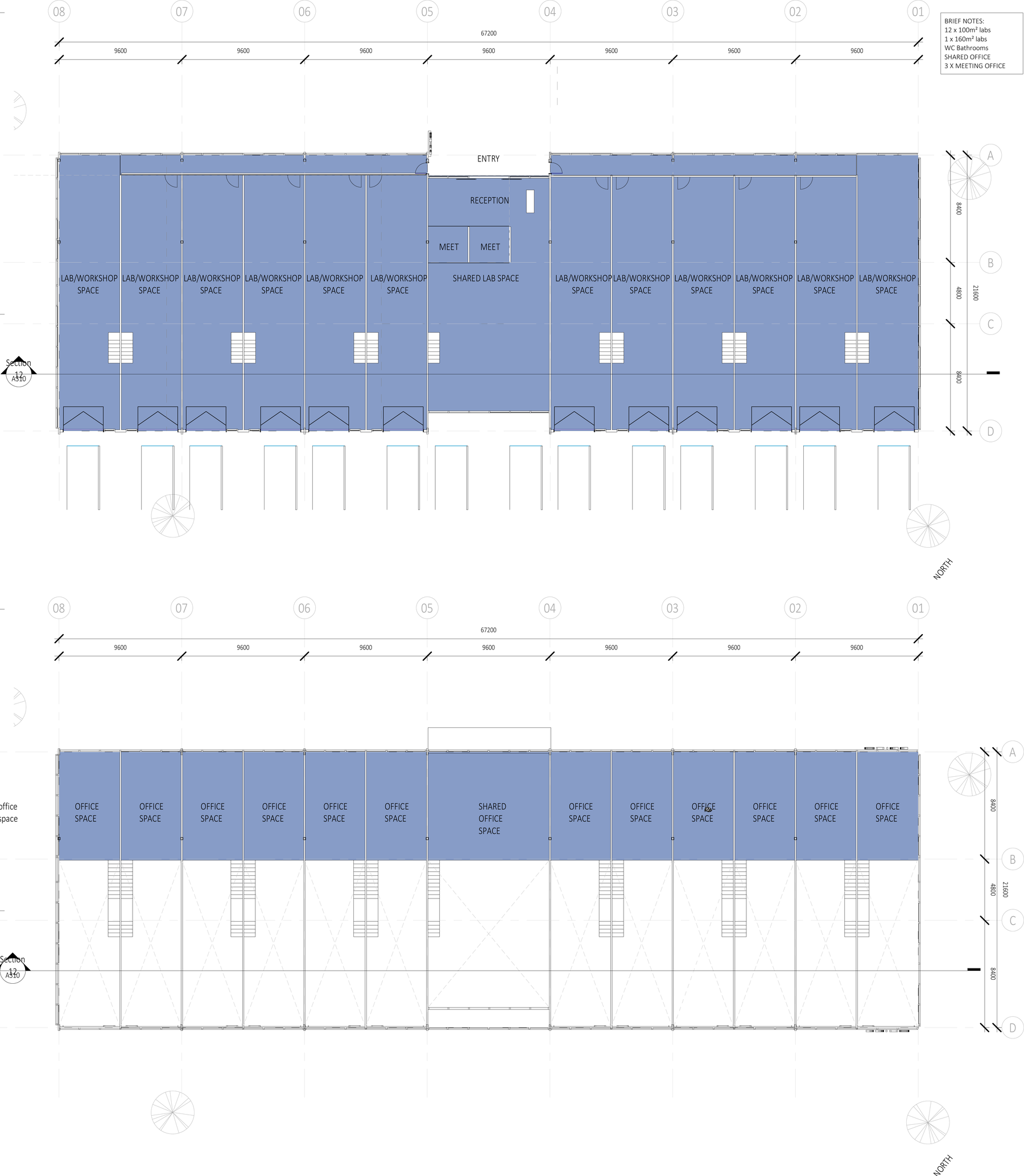 PDIHQ floor plans: ground floor with twelve lab and workshop spaces and a shared lab, first floor with private offices and shared office space