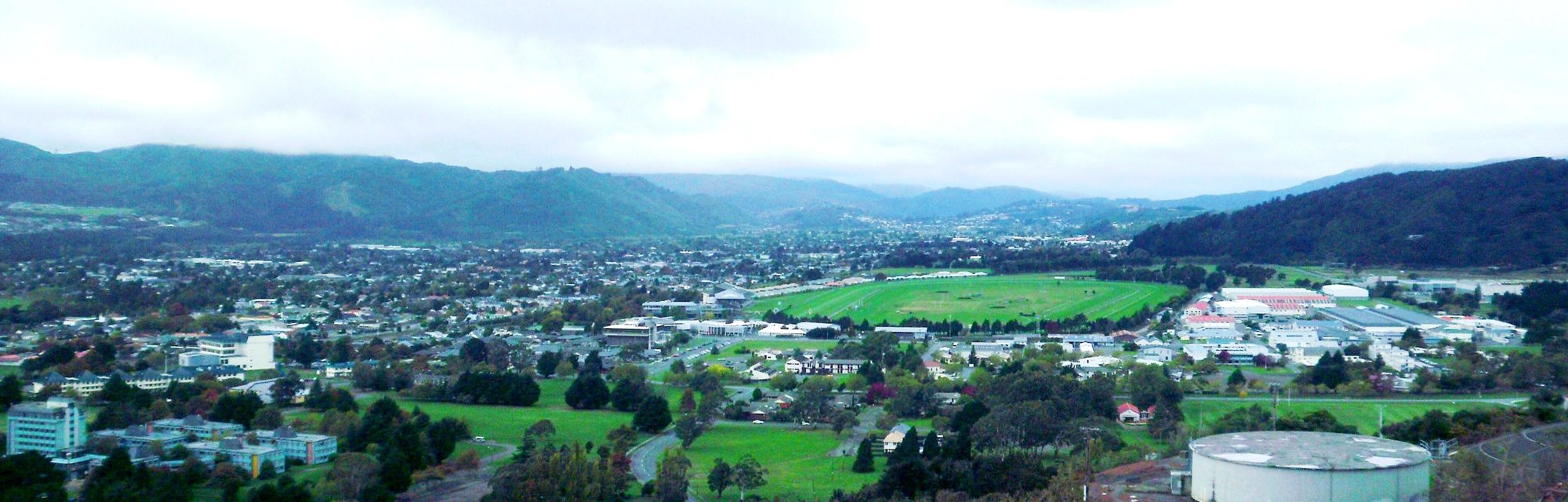 Upper Hutt from Wallaceville Hill, looking over Trentham and the racecourse toward the city and the valley beyond