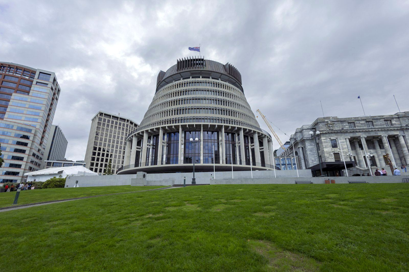 The Beehive and Parliament House in Wellington, New Zealand's capital